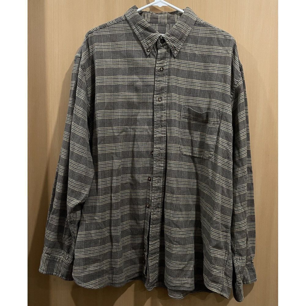 Eddie Bauer Flannel Shirt Mens Size XXL Tan‎ Plaid Button Front Collared Shirt